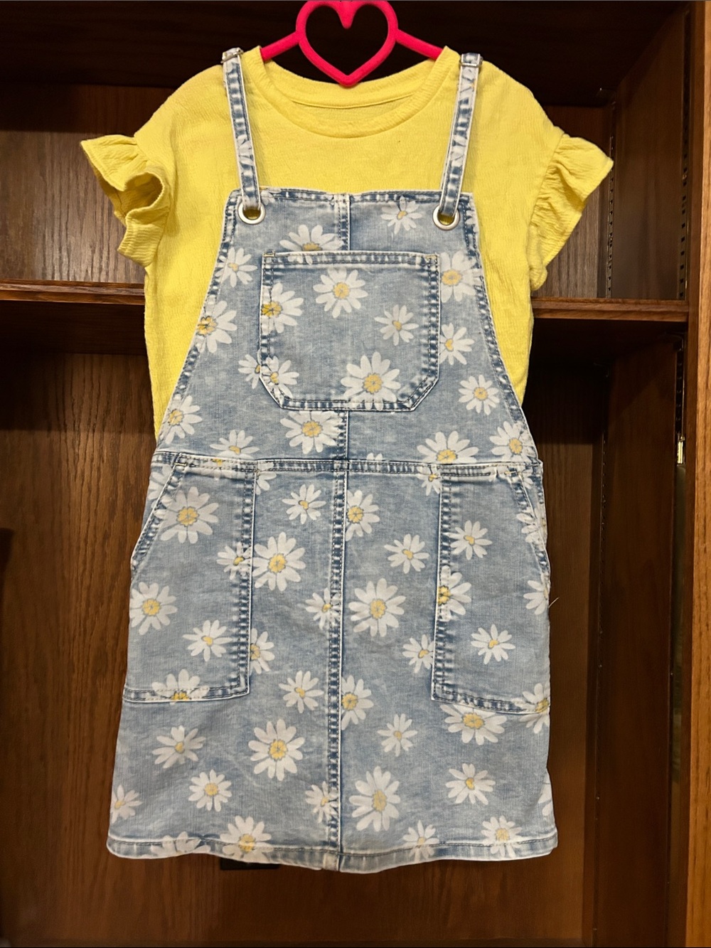 Cat & Jack Light Wash Daisy Denim Overall Dress with Yellow Tee